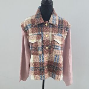 Women's Plaid Wool-Blend Vest with Pink Sleeves